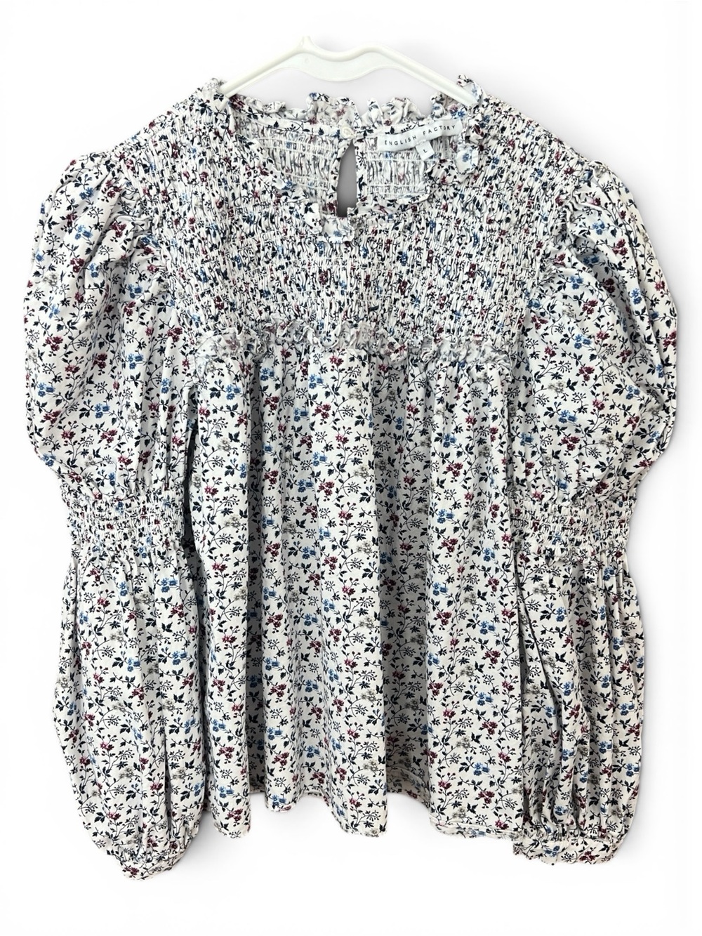 English Factory White Floral Smocked Top with Blue and Burgundy Accents